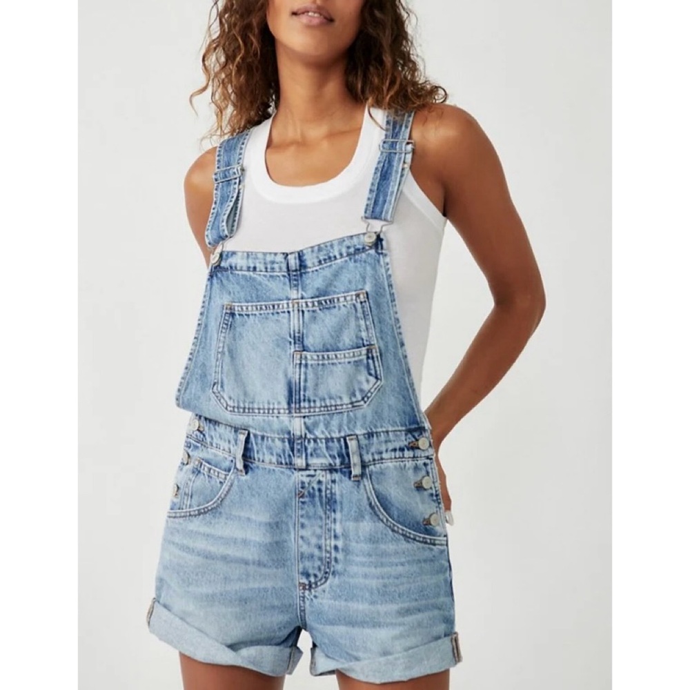Free People Light Wash Denim Short Overalls
